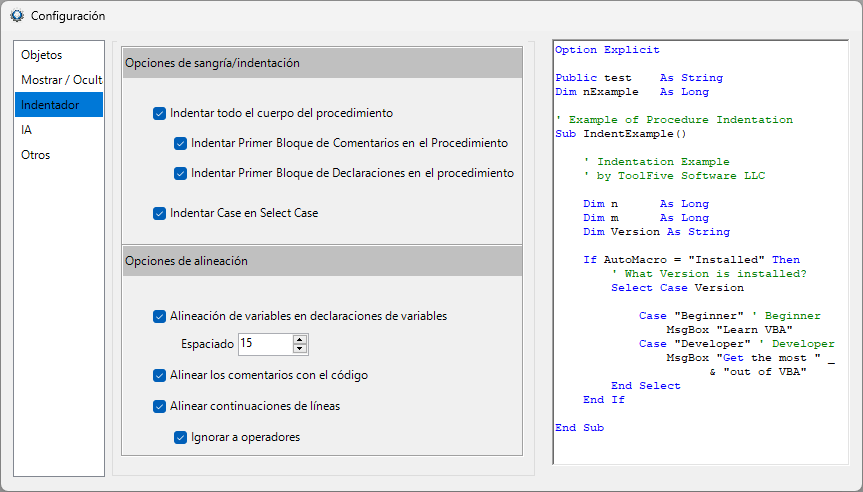 automacro indenter settings