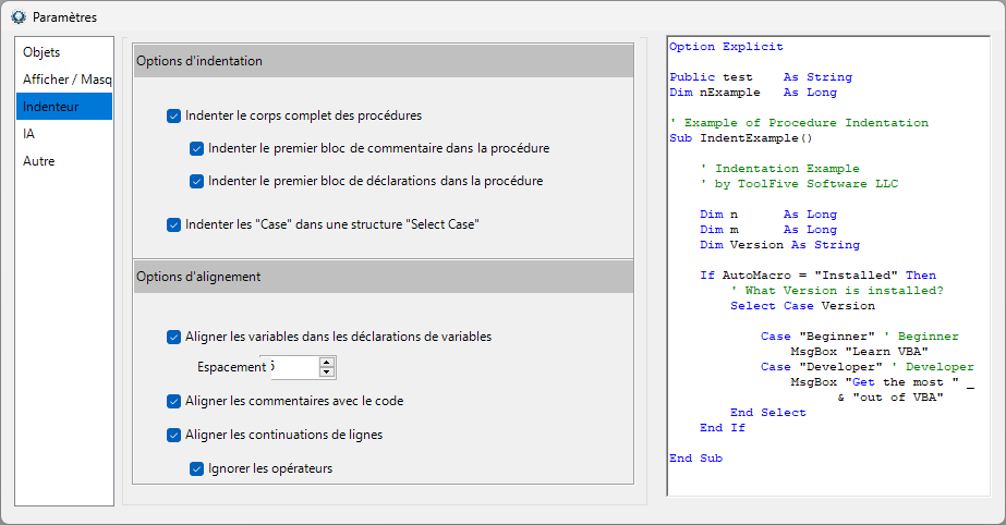 automacro indenter settings