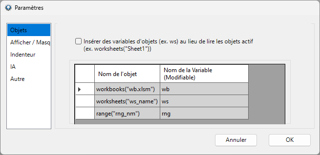 automacro settings objects