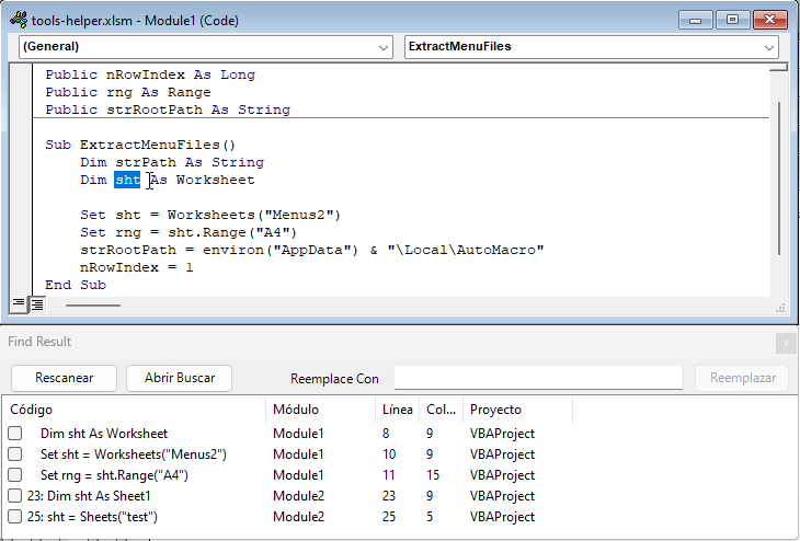 vba editor find all