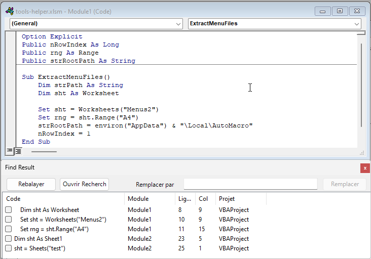 vba editor find all