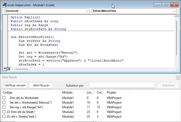 vba editor find all