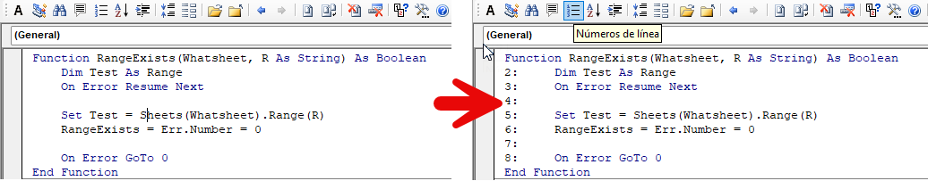 vba display line numbers