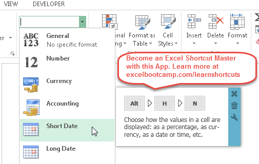 date formatting excel shortcut